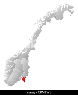 Politische Karte von Norwegen mit den Countys, wo Østfold markiert ist. Stockfoto