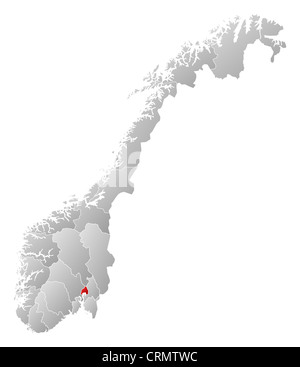 Politische Karte von Norwegen mit den Countys, wo Oslo markiert ist. Stockfoto