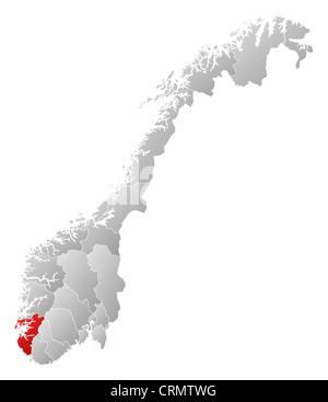 Politische Karte von Norwegen mit den Countys, wo Rogaland markiert ist. Stockfoto