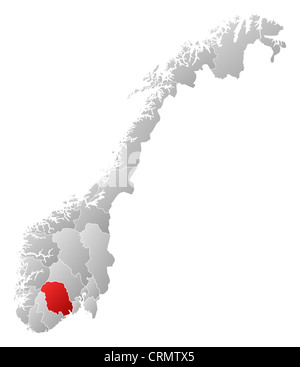 Politische Karte von Norwegen mit den Countys, wo Telemark markiert ist. Stockfoto