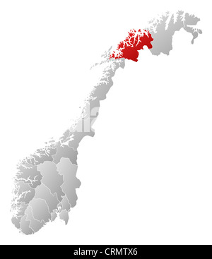 Politische Karte von Norwegen mit den Countys, wo Troms markiert ist. Stockfoto