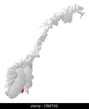 Politische Karte von Norwegen mit den Countys, wo Vestfold markiert ist. Stockfoto