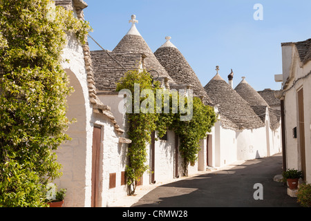 Eine Straße von Trulli Häuser, Rione Monti, Alberobello, Provinz Bari in Apulien, Italien Stockfoto