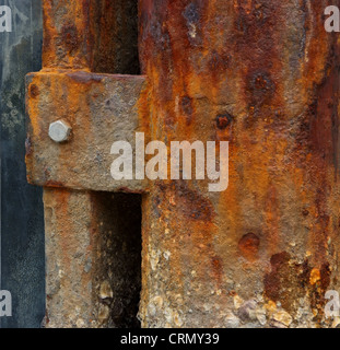 Barnacle Haftung auf Stahlmasten mit Rost. Stockfoto