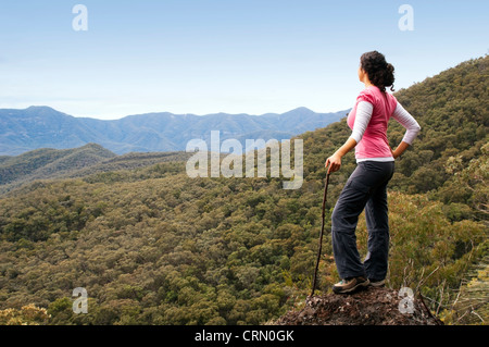 Einzigen weiblichen Wanderer blickt auf den Blick in Bergen mit Wald unter ihr Stockfoto