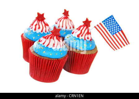 Cupcakes mit amerikanisches patriotisches Thema für 4. Juli Feier und andere Veranstaltungen in Amerika. Stockfoto