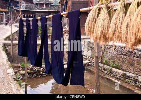 Indigo gefärbten Stoff und Reis Ohren hängen zum Trocknen in der Sonne - Dong Dorf Zhaoxing, Guizhou Provinz - China Stockfoto