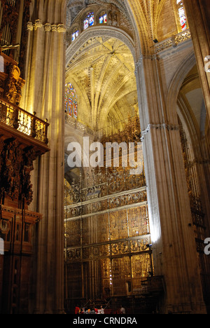 Ein Teil der Decke und Wände im Inneren der Kathedrale, Sevilla, Provinz Sevilla, Andalusien, Spanien, Westeuropa. Stockfoto