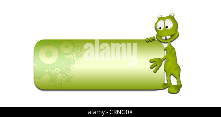 Abbildung eines grünen Aliens vor ein leeres grünes Banner auf weißem Hintergrund Stockfoto