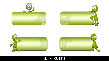 Beispiel für ein Paket von vier 4 verschiedene grüne Aliens vor einer leeren Banner auf weißem Hintergrund Stockfoto
