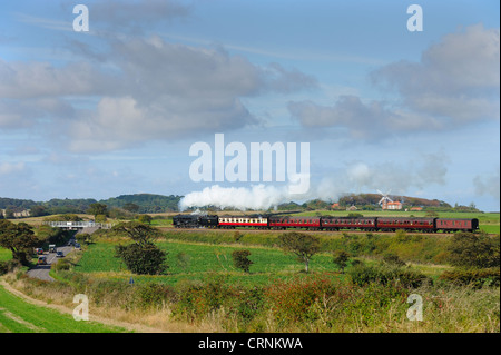 "Black Prince", eine Dampflokomotive Reisen vorbei an Weybourne Windmühle auf North Norfolk Railway (NNR), auch bekannt als die "Pop Stockfoto