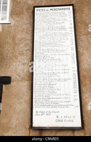 Ein altes Board mit der Zollsätze auf waren importiert in den Hafen von Lyme Regis, Dorset, UK. Stockfoto