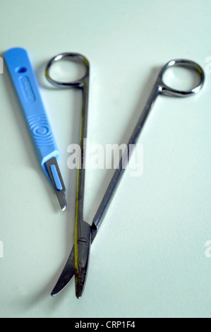 Zwei wesentliche Labor Werkzeuge: ein paar lange sezierenden Schere und einem blauen behandelt Skalpell behandelt eine einziehbare Klinge. Stockfoto