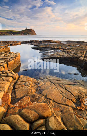 Blick auf Felsvorsprüngen in Kimmeridge Bucht in Richtung Clavell Turm, einem toskanischen Stil erbaut im Jahre 1830 auf Henne Felsen auf dem Jura Stockfoto