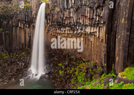 Wasserfall Svartifoss mit hohen Basaltsäulen langsame Geschwindigkeit Skaftafell Nationalpark South Island EU Europa Stockfoto