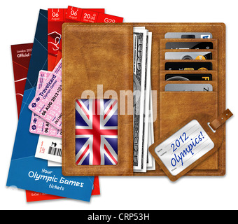 Olympia-Tickets & Dokumente auf Brieftasche mit US-Dollar & Kreditkarten, ein Bild über die britische Flagge & 2012 Olympics Gepäck Label. Stockfoto