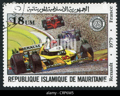 Briefmarken gedruckt in Mauretanien, gewidmet der 75 Jubiläum des Grand Prix von Frankreich, zeigt Renault, Frankreich Stockfoto