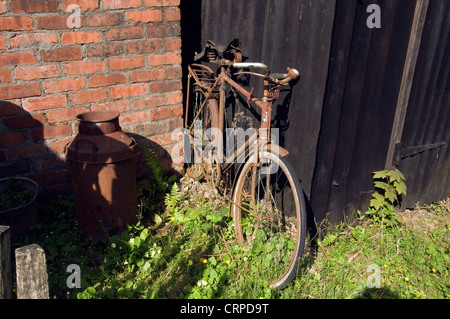 Ein rostiges Fahrrad und Milchkanne. Stockfoto