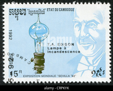 Kambodscha-ca. 1992: eine Briefmarke gedruckt im Kambodscha, gewidmet EXPO 92 in Sevilla, zeigt Thomas Edison, ca. 1992 Stockfoto