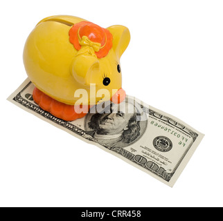 Sparschwein in der Form Maus steht auf 100 Dollar Stockfoto