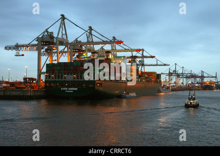 Container des Hamburger Hafens im Abendlicht Stockfoto