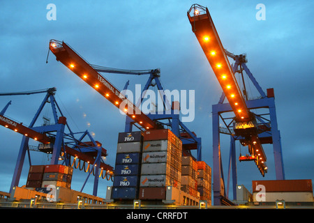 Container des Hamburger Hafens im Abendlicht Stockfoto