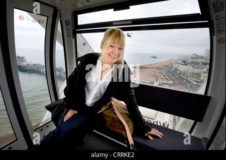 Die Brighton Eye Riesenrad auf Brighton Seafront. Eine Frau "Sightseer" in einem von den Schoten mit Blick auf den Strand und die Seebrücke. Stockfoto