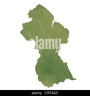 Alte grüne Papierkarte von Guyana isoliert auf weißem Hintergrund Stockfoto