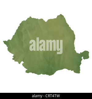 Rumänien Karte im alten grünen Papier isoliert auf weißem Hintergrund. Stockfoto