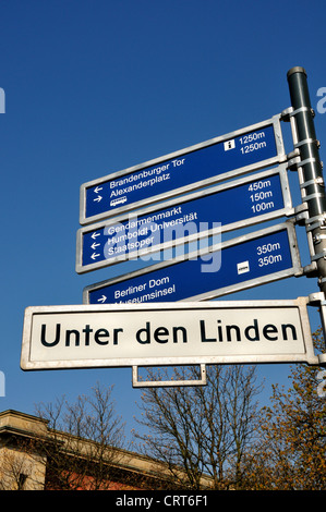 Berlin, Deutschland. Wegweiser auf Unter Den Linden mit wichtigen Sehenswürdigkeiten Stockfoto