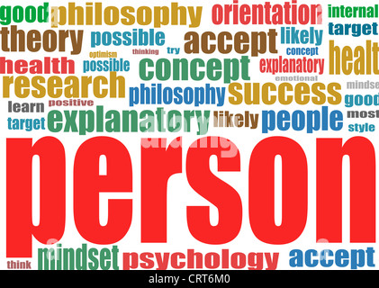 Person. Word-Collage-Hintergrund. Illustration mit verschiedenen Verband Bedingungen. Stockfoto