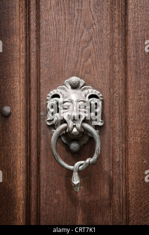 Gargoyle Kopf Türklopfer mit einer Schlange Encoiled Ring im Schnabel begrüßt die Besucher auf eine alte Tür in Bamberg, Deutschland. Stockfoto