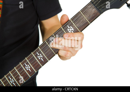 Hand der Künstler und e-Gitarre Hals auf weißem Hintergrund Stockfoto