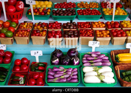 Auberginen zum Verkauf an Atwater Market in Montreal, Quebec Stockfoto