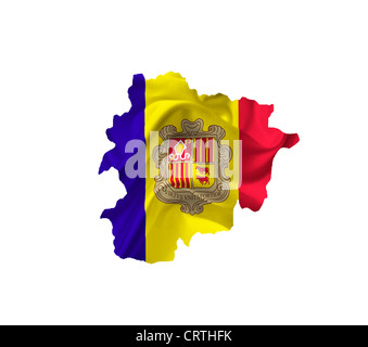 Karte von Andorra mit wehende Flagge isoliert auf weiss Stockfoto