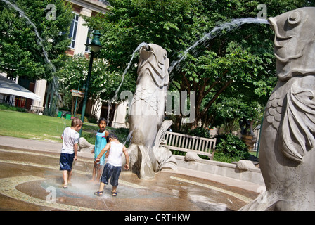 Charlotte, NC, North Carolina. Kinder spielen in der Fischbrunnen auf den grünen Park. Stockfoto