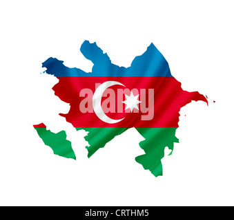Karte von Aserbaidschan mit wehende Flagge isoliert auf weiss Stockfoto