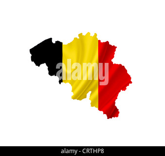 Karte von Belgien mit wehende Flagge isoliert auf weiss Stockfoto