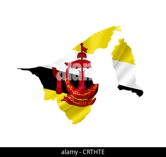 Karte von Brunei mit wehende Flagge isoliert auf weiss Stockfoto