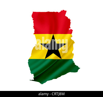 Karte von Ghana mit wehende Flagge isoliert auf weiss Stockfoto