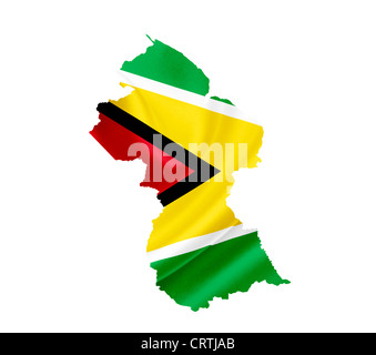 Karte von Guyana mit wehende Flagge isoliert auf weiss Stockfoto
