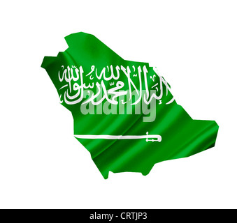 Karte von Saudi-Arabien mit wehende Flagge isoliert auf weiss Stockfoto
