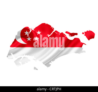 Karte von Singapur mit wehende Flagge isoliert auf weiss Stockfoto