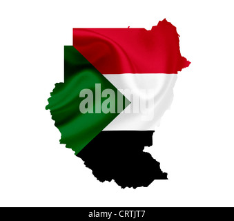 Karte von Sudan mit wehende Flagge isoliert auf weiss Stockfoto