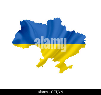 Karte von Ukraine mit wehende Flagge isoliert auf weiss Stockfoto