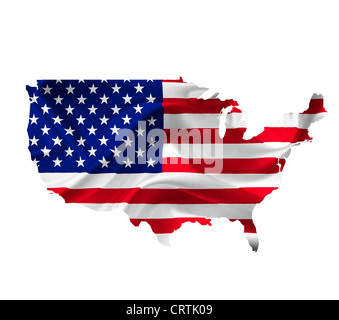 Karte von Vereinigte Staaten von Amerika mit wehende Flagge isoliert auf weiss Stockfoto