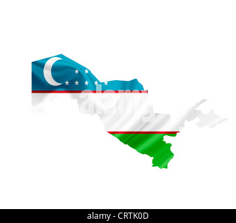 Karte von Usbekistan mit wehende Flagge isoliert auf weiss Stockfoto