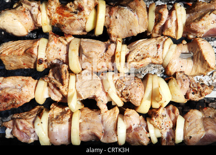 Vorbereitete Schaschlik am Lagerfeuer, Hintergrund Stockfoto