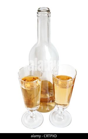 Flaschen und Gläser Weißwein Stockfoto