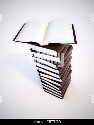 Buch-Stack mit einem offenen Volumen am Oberkopf Stockfoto